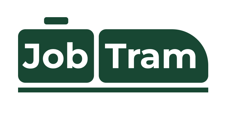 Logo der JobTram. Es stellt einen Arbeitskoffer mit dem Wort Job und ein Straßenbahnabteil mit dem Wort Tram dar. Zusammen ergibt sich eine Straßenbahn, die auf Gleisen fährt.