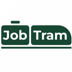 Logo der JobTram. Es stellt einen Arbeitskoffer mit dem Wort Job und ein Straßenbahnabteil mit dem Wort Tram dar. Zusammen ergibt sich eine Straßenbahn, die auf Gleisen fährt.