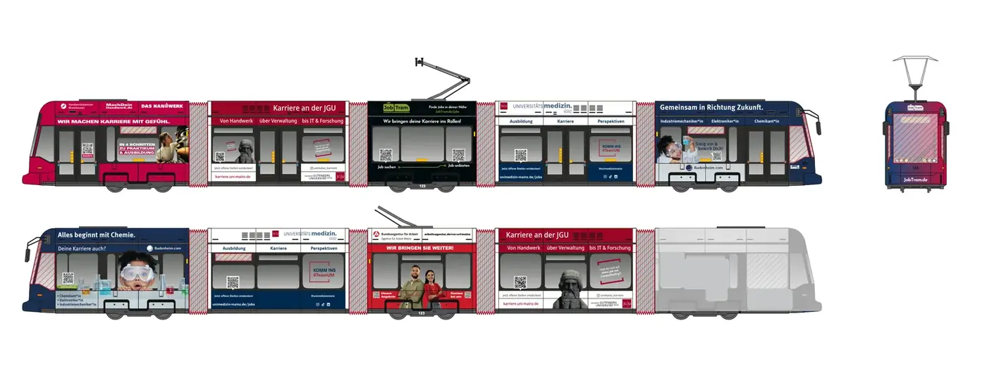 Erste JobTram in Mainz: Straßenbahn mit Arbeitgeberwerbung von Handwerkskammer Rheinhessen, JGU, Universitätsmedizin Mainz, Budenheim und Agentur für Arbeit